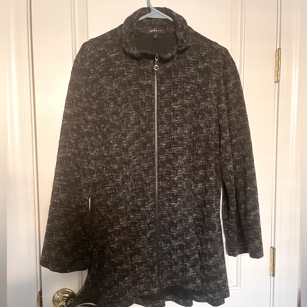 Yoshi Black Tweed Swing Jacket zippered with stand up collar and side pockets XL
